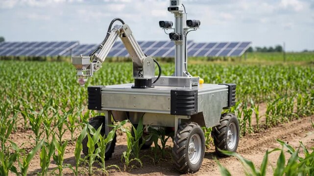 Autonomous agriculture robot navigating corn field with manipulator and camera for precision crop monitoring under solar panels and bright rural sky