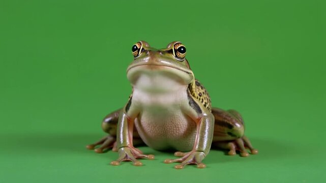 Professional Frog Greenscreen Natural Green Wildlife Studio Shot With Detailed Texture Realistic Amphibian Transparent Alpha Overlay Video Asset for Filmmaking Advertising and Commercial Production