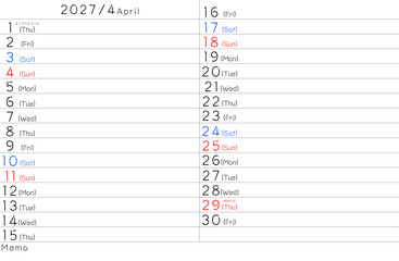 2027年シンプルカレンター　4月　曜日英語