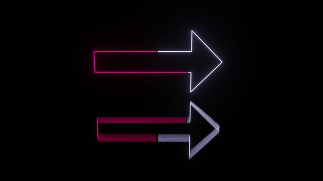 Animated glowing arrows sign pointing right direction on dark background, loop animation of glowing arrows with arrows shadow