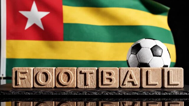 Togo flag, football, and wooden blocks spelling FOOTBALL