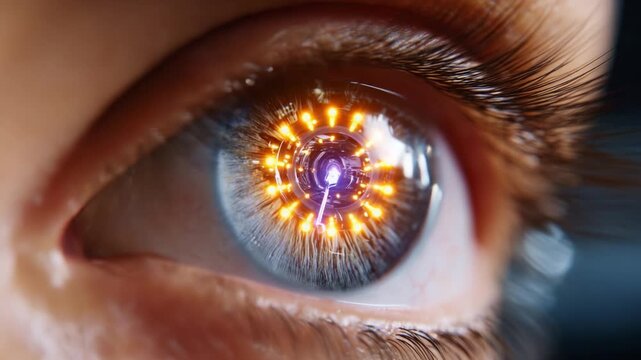 A close-up view of a futuristic eye showcasing intricate technology, with glowing lights reflecting within the iris, emphasizing an advanced machine vision concept.