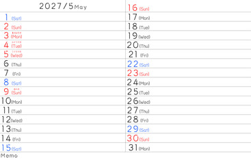 2027年シンプルカレンター　5月　曜日英語