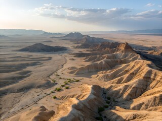 Aerial Desert Terrain with Rocky Formations and Dry Land