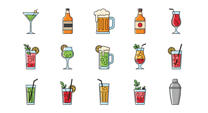 Colorful cocktail and alcoholic beverage icons set featuring diverse glasses bottles and a shaker for bar and party themes.
