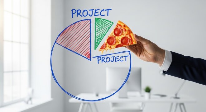 A person holding a pizza slice in front of a projected pie chart in a modern office environment from a slightly angled viewpoint