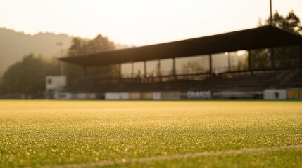 Fototapeta premium spectators. Empty soccer field during golden hour with dramatic shadows and soft focus on the stands, atmospheric sports scene. event key visuals.