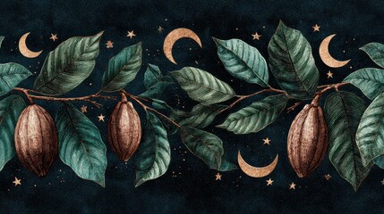 Dark Teal and Golden Botanical Seamless Border Pattern Featuring Leaves Fruits Crescent Moons and Sparkling Night Sky Effect