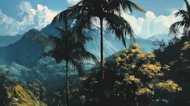Mountainous landscape with palm trees and textured sky in painted style
