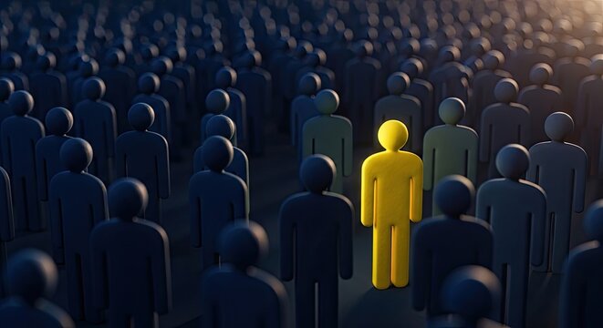 A lone yellow figure stands out among a crowd of blue silhouettes in a dimly lit environment from a front viewpoint