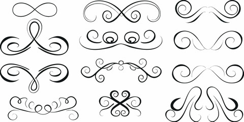 Collection of ornate black swirls and decorative flourishes on white background