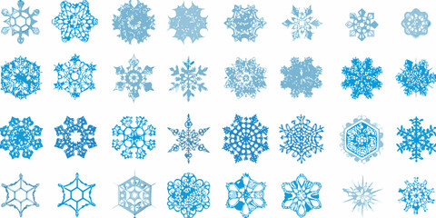 Collection of detailed light blue snowflakes arranged on a white background