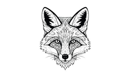 Obraz premium Black and white illustration of a fox's head with detailed fur and whiskers on a white background.