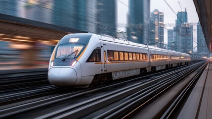 Fototapeta premium highspeed. High-speed train speeding through the city, creating a dynamic motion blur against the urban skyline. mobility guides, transit brochures, designed for mobility and urban transit guides.