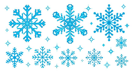 Set of Diverse Art Snowflakes and Stars on a White Background