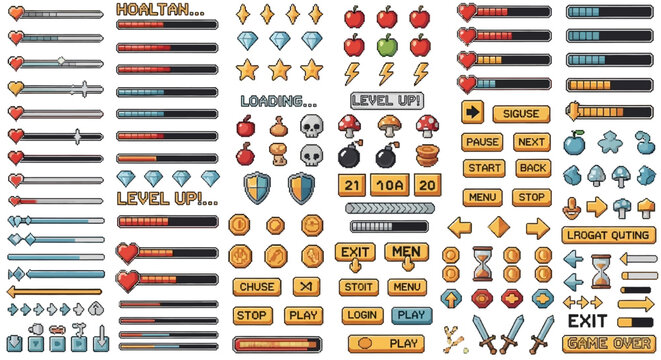 Retro Art Game UI Elements Vector Pack - Loaders, Buttons, Icons