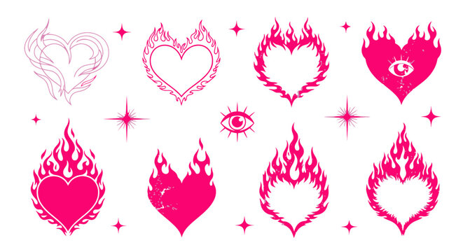 Vibrant Pink Flaming Heart Illustrations with Stars and Eyes, Graphic Design Elements
