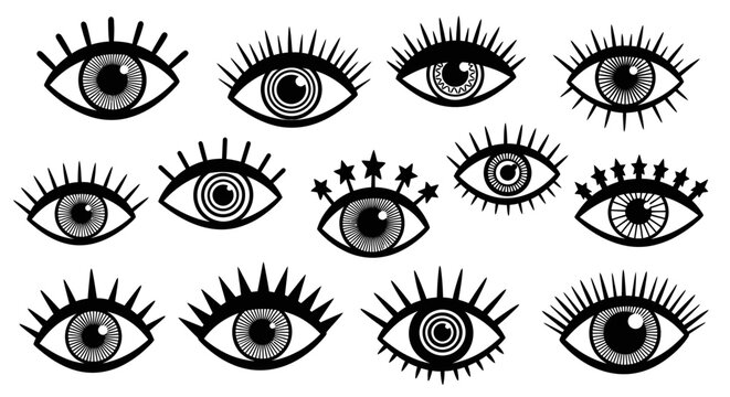 Collection of Stylized Black and White Evil Eye Symbols and Eye Graphics