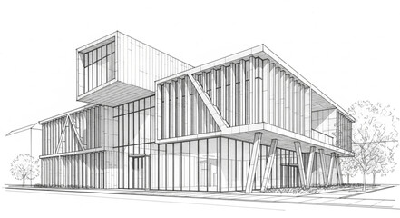 Modern architectural building design sketch with clean lines and minimalist style. © Whyyyu