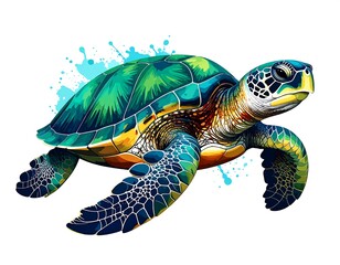 A vibrant, digitally rendered depiction of a sea turtle swimming. Watercolor-style paint splatters surround the aquatic creature
