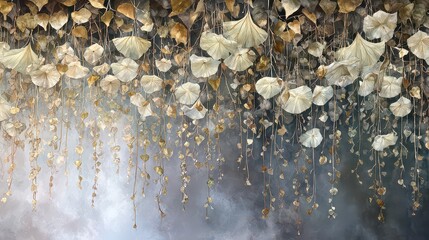 Falling Golden And White Leaves on Gray Backdrop Abstract Artwork with Vertical Drips For Modern Wall Decor And Home Interior Design