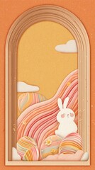 Festive Easter Bunny and Colorful Eggs Archway on Orange Textured Background in Vertical Composition Celebration Illustration