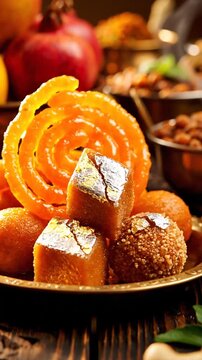 Traditional Indian food and sweets on festive wooden table