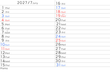 2027年シンプルカレンター　7月　曜日英語