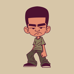 Grumpy little boy cartoon character illustration in streetwear