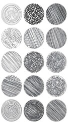 Assortment of diverse grayscale textures filling circular shapes