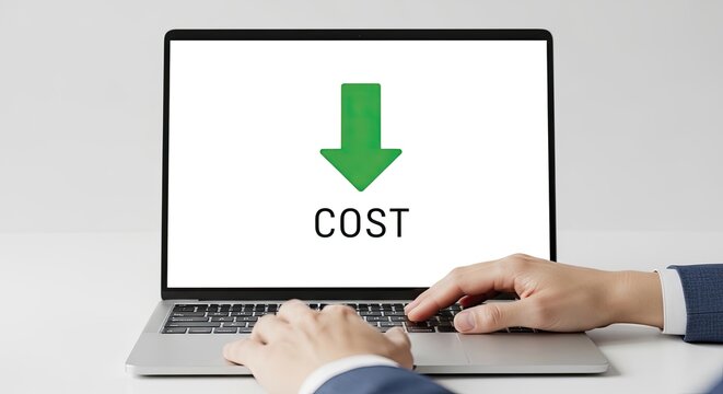 Businessman using laptop with cost reduction arrow on screen.