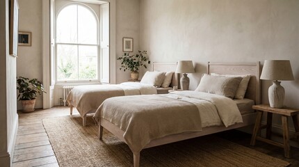 Fototapeta premium A serene bedroom features two twin beds with neutral linens wooden frames and bedside lamps set on hardwood floors with a rug near an arched window