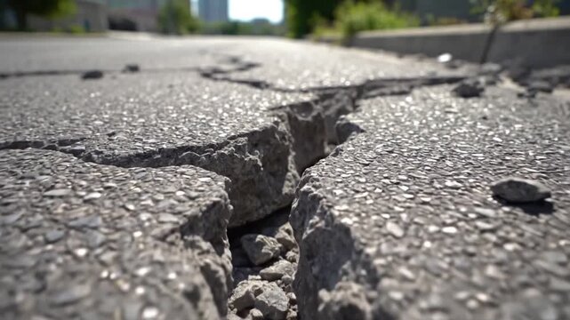 A video shows a close up of a cracked and damaged asphalt road surface in need of repair.