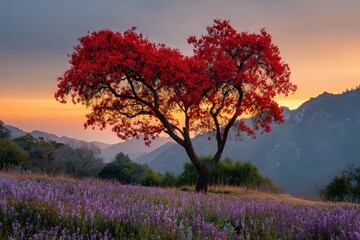Heart Shaped Red Leaf Tree in Landscape Scenery with Violet Flowers Under Sunset Sky