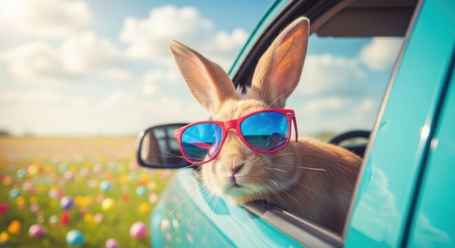 Easter sunday celebration with cool easter bunny wearing sunglasses