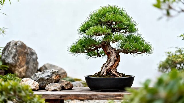 Bonsai tree in black pot on wooden table