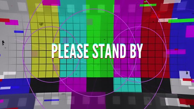 A distorted television screen displays a technical issue with a 'please stand by' message indicating difficulty resolving the problem