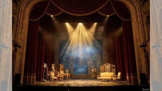 Ornate Classical Theatre Stage With Red Velvet Curtains And Golden Proscenium Arch Illuminated By Dramatic Spotlight Rays On Painted