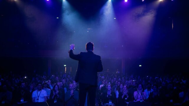 Rear View Of Male Speaker On Stage In Dark Suit Addressing A Large Audience With One Hand Raised Under Purple And Blue Stage Lights