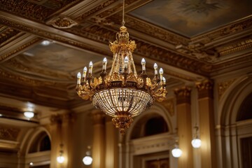 Obraz premium A dazzling, ornate gold chandelier illuminates a luxurious hall, showcasing intricate details and classical architecture.