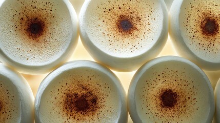 Macro Shot of White Spherical Objects with Concentric Orange Dots in Close Up Arrangement