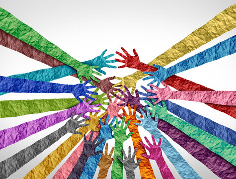 Belong and inclusion concept as a symbol to belong and acceptance and integration with diversity and support of different cultures as diverse races and unity symbol holding hands together.