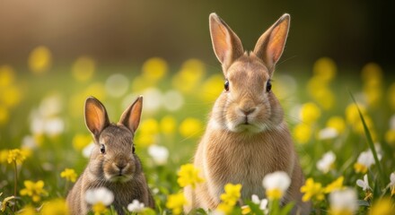 Easter sunday rabbits in a field of yellow flowers on a sunny day