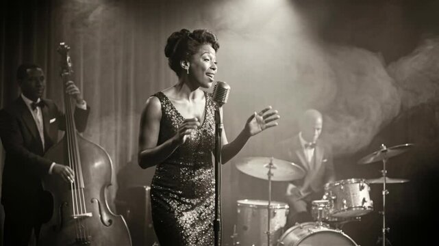 Black Female Jazz Singer Performing On Stage Vintage Microphone Sequined Dress Spotlight Smoke Double Bass Drums Background Sepia Tone