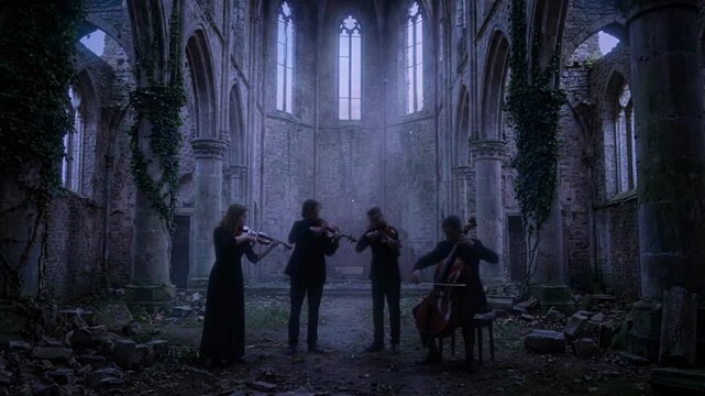 Classical String Quartet Playing Instruments In Gothic Ruins Covered In Ivy With Misty Blue Atmosphere And Crumbling Stone Walls