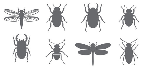 nine gray insect silhouettes stag beetle dragonfly bee