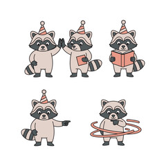 Cartoon raccoons celebrating with party hats in various fun activities on white background © MDEDRIS