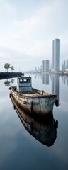 Fototapeta premium A rusty, old fishing boat sits silently on a glassy canal, reflecting in the still water.