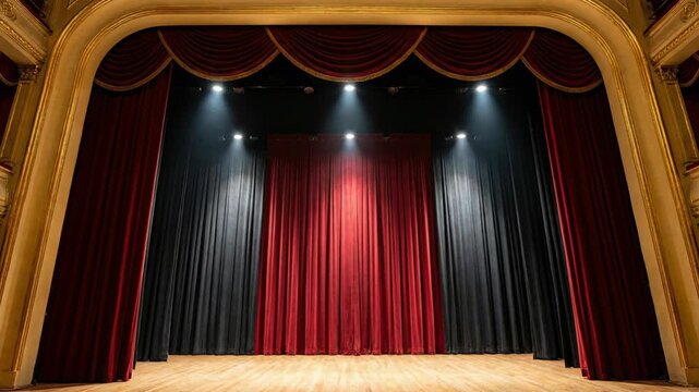 Empty Theater Stage With Red Central Curtains And Black Side Drapes Under Bright Spotlights Within An Ornate Gold Framed Proscenium Arch