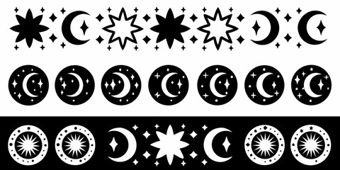 Black and white illustration of celestial bodies and lunar phases © Rahul